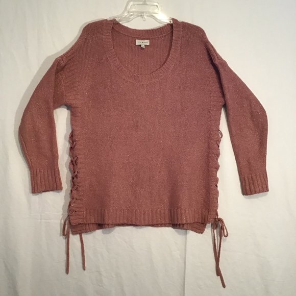 Lucky Brand Glitter Knit Scoop Neck Sweater With Lace Up Detail On Sides Size L - Picture 8 of 11